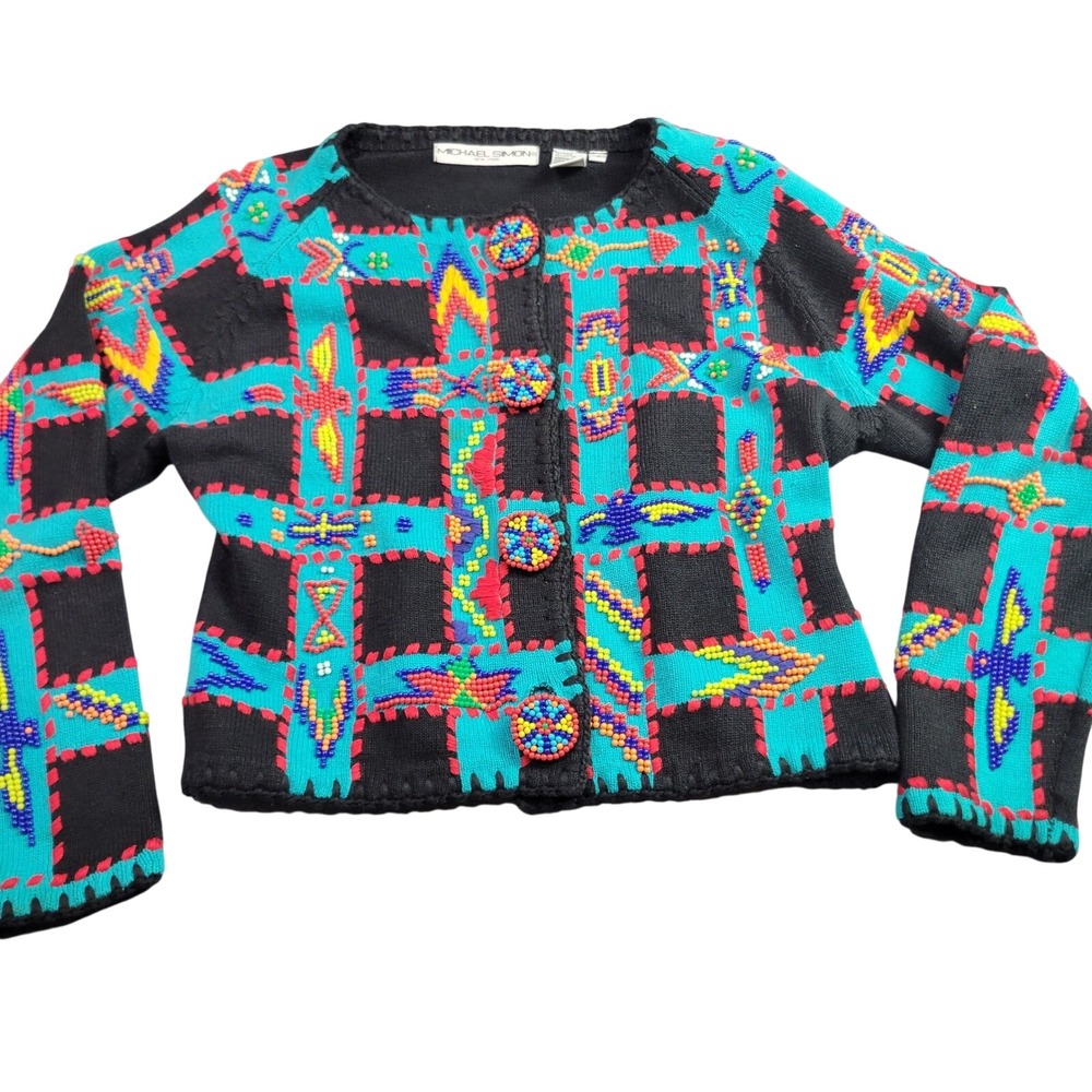 Michael Simon Cardigan Womens Black Turquoise Beaded 1995 Vintage Maximalist Art